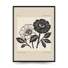 Abstract linocut floral posters template. Modern trendy minimal style. Black and white colors. Botanical blockprint. Hand drawn design for wallpaper, wall decor, print, postcard, cover, template.