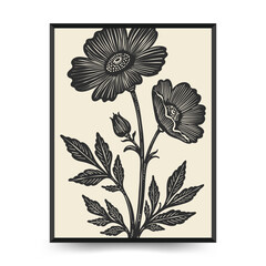 Abstract linocut floral posters template. Modern trendy minimal style. Black and white colors. Botanical blockprint. Hand drawn design for wallpaper, wall decor, print, postcard, cover, template.