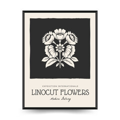 Abstract linocut floral posters template. Modern trendy minimal style. Black and white colors. Botanical blockprint. Hand drawn design for wallpaper, wall decor, print, postcard, cover, template.