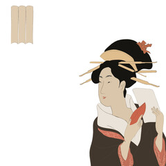 Chinese woman in kimono with asian cuisine food isolated vector illustration. Chinese cuisine card or menu with beautiful asian lady.