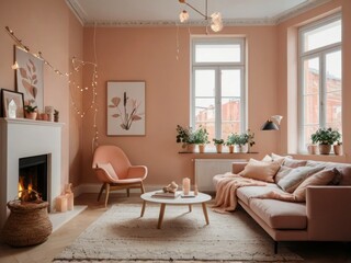 Fototapeta premium A Cozy Living Room with Pink Accents and Natural Decor