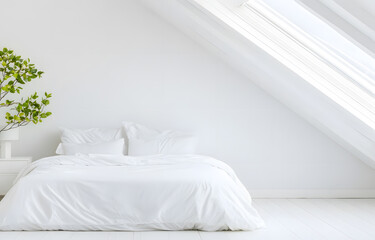 Obraz premium Tranquil white bedroom modern attic interior design minimalist environment natural light serenity and comfort