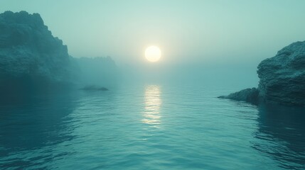 Serene Sunset Over Misty Ocean Rocks