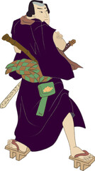 Kabuki theater actor vector illustration with weapon sword. Ancient japanese or chinese theater.