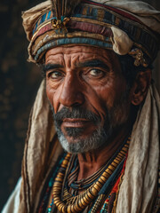 Fototapeta premium A distinguished Egyptian man dressed in traditional clothing with intricate jewelry, embodying cultural heritage and wisdom. Generative AI