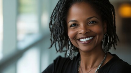 Portrait of a joyful African American woman with a warm smile, radiating positivity and confidence.