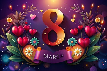 Happy Women's Day and 8 march Poster or banner with flower and sweet hearts on pink background. Promotion and shopping template for Love background.