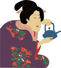 Japanese woman with tea kettle ukiyo-e style illustration isolated on white, vector. Vintage Japanese illustration, vintage art from Japan.