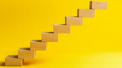 Yellow background with wooden blocks forming a staircase, symbolizing business or career success.