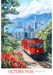Obraz premium Victoria Peak Hong Kong poster style illustration. Travel print decor gift paper canvas wall retro art