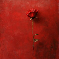 A single red rose stands against a scarlet backdrop