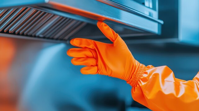 rubber gloved in kitchen concept. A person in an orange glove reaches towards a kitchen hood, emphasizing cleanliness and safety.