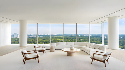 Fototapeta premium Modern interior design living space high-rise view minimalist aesthetic urban environment contemporary style