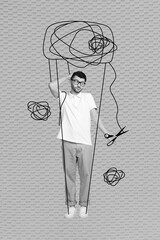 Artwork creative photo collage of young guy student unsure doubts no idea confused try find...