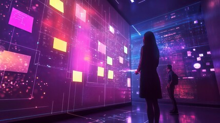 Two silhouetted figures interact with a large, vibrant digital display showcasing colorful data streams and interactive elements in a futuristic setting.