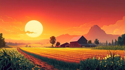 Golden sunset over farm and field.