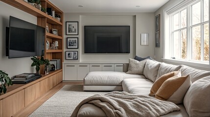 Living room with white walls and light hardwood floors featuring a TV mounted on a built-in wooden entertainment unit above a couch.