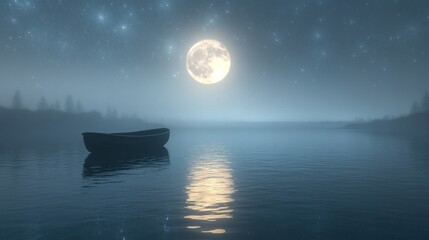 Serene Night Scene Boat on Misty Lake Under Full Moon