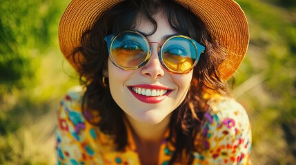 Fototapeta premium Happy Woman Outdoors in Colorful Casual Outfit