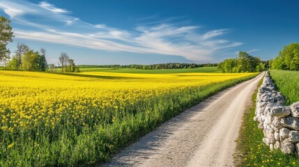 Obraz premium Country road through yellow rapeseed field, sunny day, idyllic landscape, rural scene, perfect for travel blogs