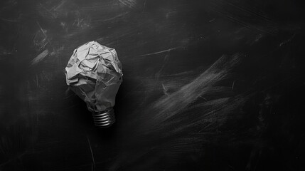 Crumpled paper light bulb on blackboard, symbolizing education and innovative ideas.