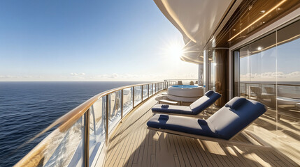 Fototapeta premium Terraza de lujo en un crucero con vista al océano al amanecer