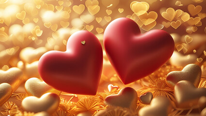 Fototapeta premium two glossy pink hearts with golden sparkles resting on a pink surface against a glowing bokeh background, romantic and luxurious design, concept of valentine's day, love, and celebration industries