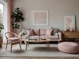 A Pastel Pink Living Room With Modern Decor