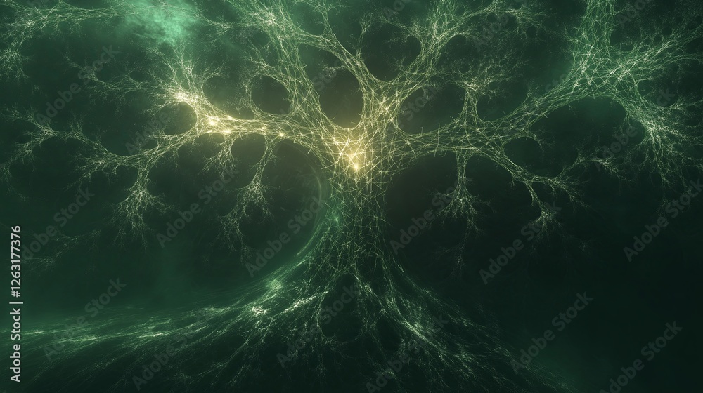 Poster a mystical fractal tree of life, with glowing roots extending into infinity.