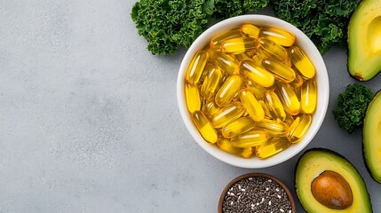 A vibrant arrangement of healthy ingredients including capsules, avocado, chia seeds, and kale, emphasizing nutrition and wellness.