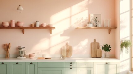 A modern kitchen with pastel pink walls and mint green cabinets.