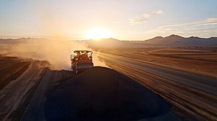 Heavy machinery operating at sunset in desert landscape construction site aerial view industrial process