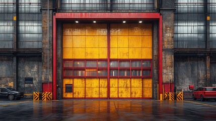 High Bay Door with a Yellow Frame and Red Bars, Industrial Entrance