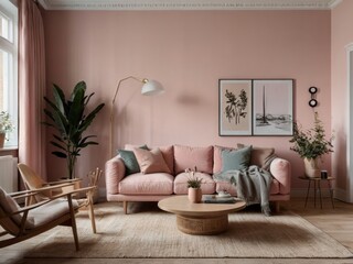 Pink Living Room Interior Design With Natural Elements