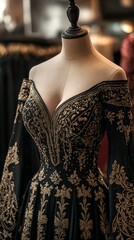 Obraz premium A close-up of a black dress with gold embroidery on a mannequin.