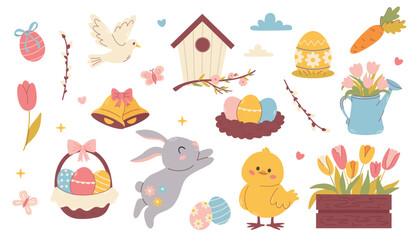 Set of easter elements. Cute Easter set. Spring collection of animals, flowers and decorations. For poster, card, scrapbooking , stickers 