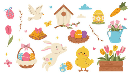 Set of easter elements. Cute Easter set. Spring collection of animals, flowers and decorations. For poster, card, scrapbooking , stickers 