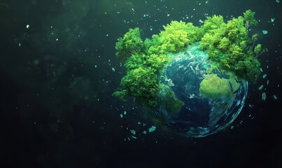 Lush green trees sprout on Earth, space background; environmental conservation