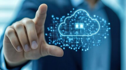 Businessman in suit touching a cloud icon, representing cloud computing and data management.