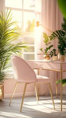 Fototapeta premium A modern office space with white walls and a pink desk chair.
