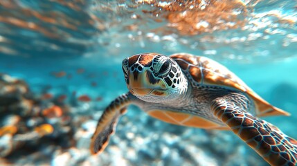 Obraz premium Sea Turtle Swimming Underwater Coral Reef