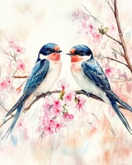 Watercolor Swallows Cherry Blossoms. A beautiful watercolor painting depicting two swallows perched on a branch adorned with delicate pink cherry blossoms