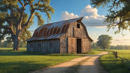 Fototapeta premium Rustic barn at sunset in a serene countryside landscape with lush greenery and a dirt path leading to it