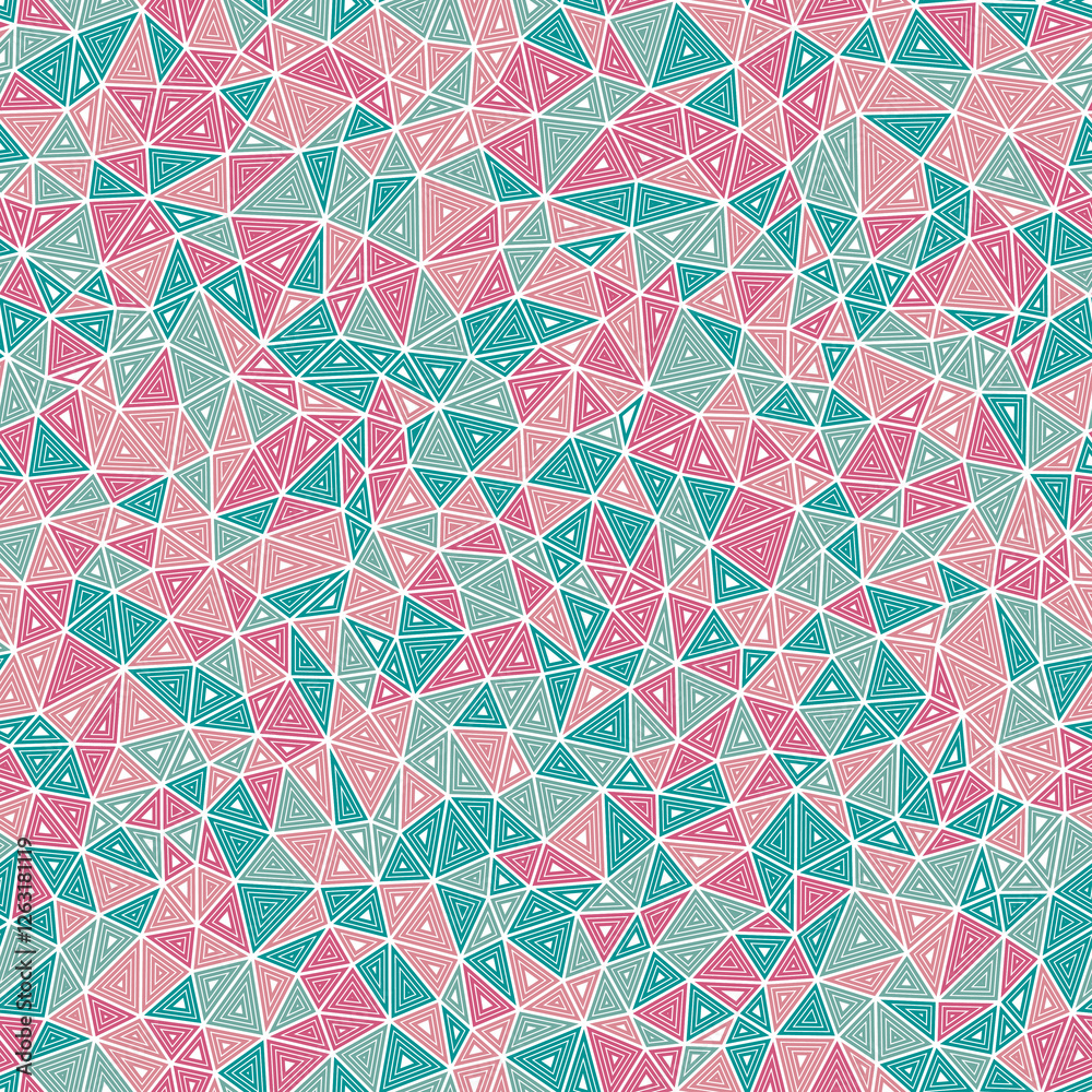 Poster pattern of triangle shapes. small triangles size. multiple repeated inner triangles. multiple colors