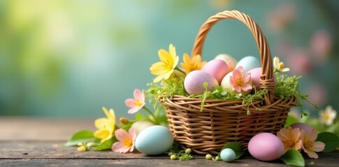 Wicker basket overflowing with pastel eggs, spring flowers , candy, spring