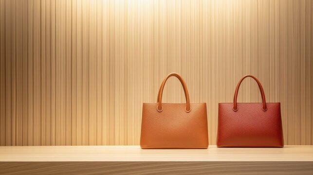 Elegant display of two stylish brown handbags on a minimalist wooden shelf, illuminated softly for a modern, chic look.