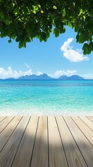 Fototapeta premium Tropical beach view, wooden deck foreground, island background, summer vacation