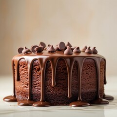 Obraz premium Delicious Chocolate Cake with Sprinkles and Drizzle, close up of chocolate cake, Pouring chocolate dripping from cake top chocolate streams isolated on transparent background.