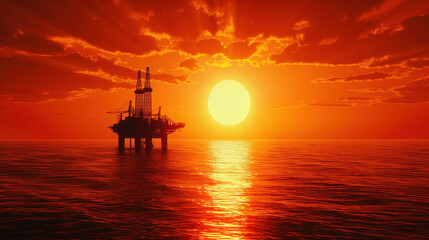 Fototapeta premium Dramatic sunset over offshore drilling platform in calm ocean waters