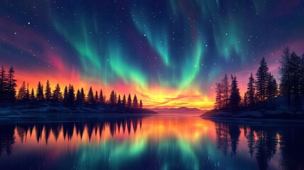 Obraz premium Aurora Borealis over a serene winter lake and forest